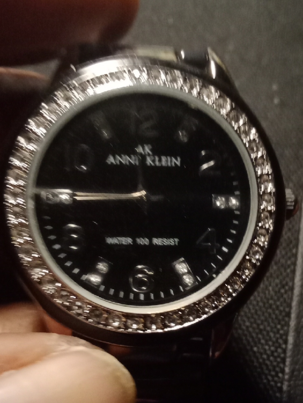 Anne Klein Black and Silver Crystal-Trim Women's Watch